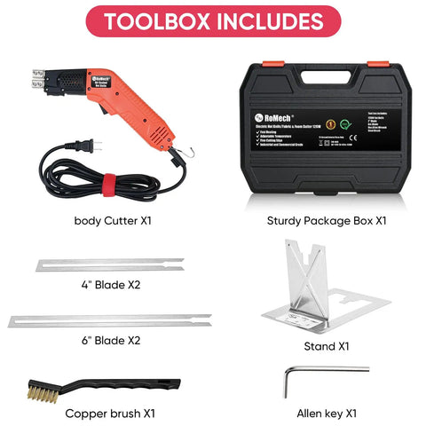 Romech Hot Knife Foam Cutter 200W Electric Air Cooled Kit includes body cutter, blades, case, stand, and tools.