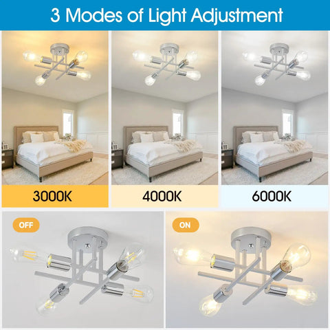 Chrome Semi Flush Mount 4-Light Sputnik Ceiling Fixture With E26 Base in 3 light temperatures and on-off modes.