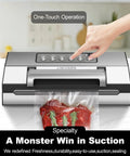 LIWUNON vacuum sealer with stainless steel body; front view showing one-touch operation sealing a meat bag