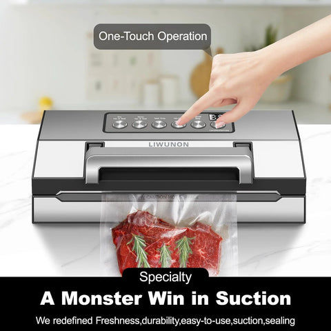 LIWUNON vacuum sealer with stainless steel body; front view showing one-touch operation sealing a meat bag