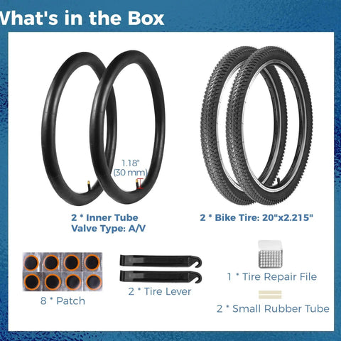 Two Pack 20x2.125 Bicycle Tires And Tubes Set With Repair Kit showing tires, tubes, levers, patches, and rubber strips