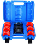 Universal Motorcycle Fork Seal Driver Kit With Six Adapter Sizes 35mm 36mm 40mm in open blue carrying case