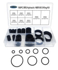 All In One Buna N 90 O Ring Seal Kit For Flat Face Hydraulic Fittings Packed 180 Pieces In Eight Sizes From One Quarter Inch To One And A Half Inches Total, shown in storage case with O-rings visible.