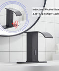 Automatic Sensor Matte Black Touchless Bathroom Sink Faucet With Drain Assembly, showing sensor range in tiled bathroom.