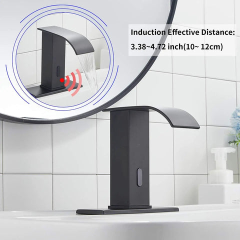 Automatic Sensor Matte Black Touchless Bathroom Sink Faucet With Drain Assembly, showing sensor range in tiled bathroom.