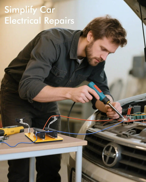Man using third hand soldering clamp stand with adjustable arms for car electrical repairs near open hood.