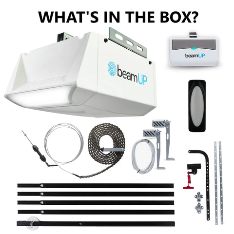 Overhead Garage Door Opener With Heavy Duty Chain Drive For Single Or Double Doors Wall Mount And Remote Included parts kit.