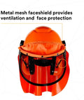 Lumberjack Hard Hat System With UV Indicator, featuring vent mesh visor and metal mesh faceshield for ventilation and protection.