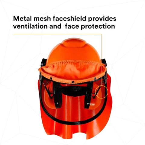 Lumberjack Hard Hat System With UV Indicator, featuring vent mesh visor and metal mesh faceshield for ventilation and protection.
