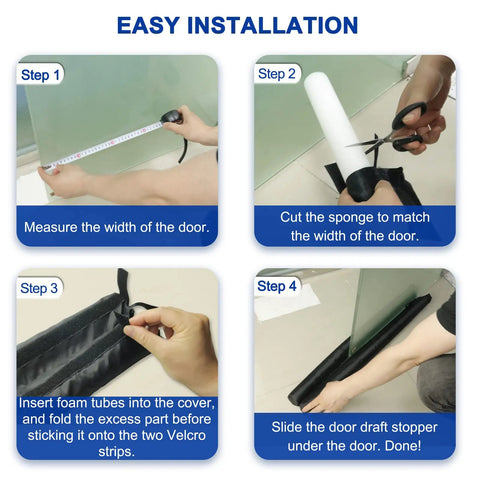 Step-by-step instructions for installing the Knockout Adjustable Under Door Draft Stopper with foam and Velcro.