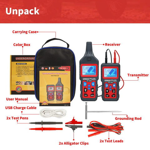 Underground Cable Locator and Wire Tracker NF826 unpacked, showing receiver, transmitter, test leads, and accessories.