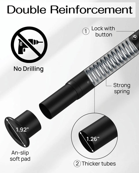Heavy Duty Tension Curtain Rod For Windows 42 To 123 Inches, Spring Loaded No Drill Install, showing strong spring and components