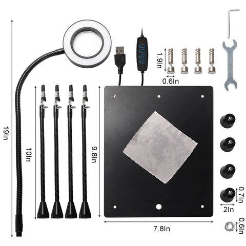 Helping Hands Soldering Clamp Station With 6X LED Magnifying Lamp components and dimensions shown on a flat surface.