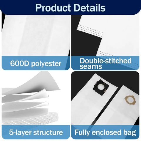 Heavy Duty Fleece Dust Bags 9 Pack Compatible With Milwaukee M12 And M18 Cordless Packout Shop Vac, showcasing 600D polyester and double-stitched seams.