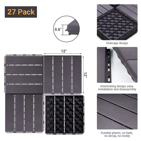 Durable No Fuss Easy Snap Interlocking Deck Tiles 27 Pack Outdoor Flooring 12x12 Weatherproof Patio Tiles in brownish grey