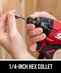 20 Volt Brushless Cordless Impact Driver Kit Including Quick Charge Battery, Quarter Inch Hex Collet in use with a chuck.