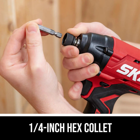 20 Volt Brushless Cordless Impact Driver Kit Including Quick Charge Battery, Quarter Inch Hex Collet in use with a chuck.