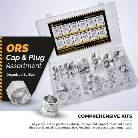 64 Piece ORFS Cap And Plug Set For Hydraulic Hose And Pipe Fittings Heavy Duty Pro Grade O Ring Face Seal Galvanized Carbon Steel Case