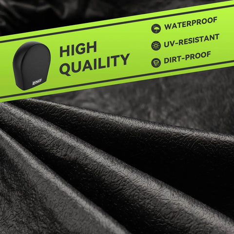 Close-up of heavy-duty, waterproof, UV-resistant black vinyl material of four pack RV tire covers for 27-29 inch tires.