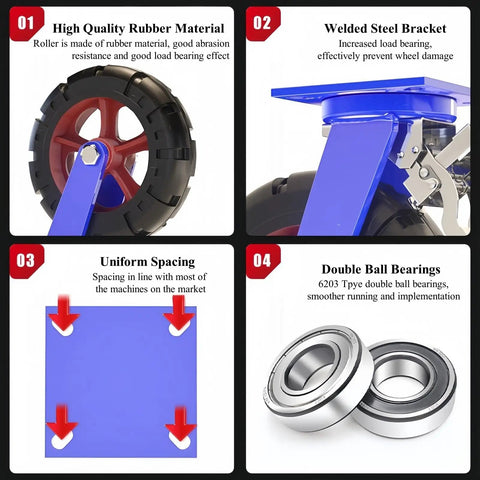 Image of Heavy Duty 10 Inch Pneumatic Swivel Casters, 4 Pack Rubber Tired Plate Wheels showcasing rubber material and steel bracket details.