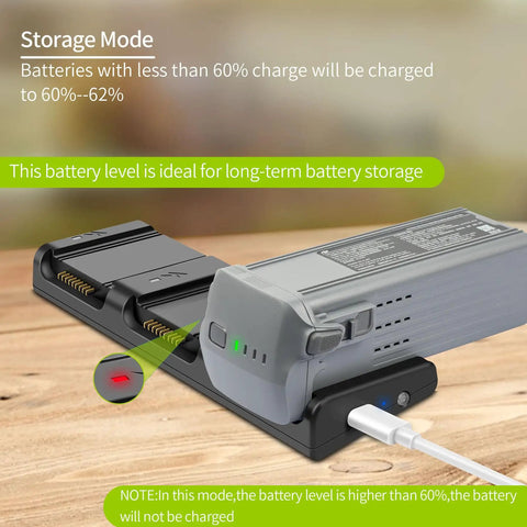 Two-Way Charger Hub For DJI Air 3S And Air 3 Batteries in storage mode with battery pack and USB connection on wooden surface.