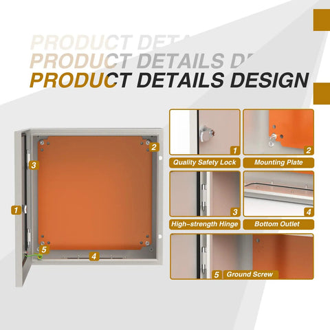 Rugged Steel Electrical Enclosure 20x16x10 Inch IP66 Waterproof Metal Box with Mounting Plate, hinges, and lock detail