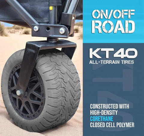Close-up of all-terrain beach wagon with big 9 inch off road wheels for sand, showcasing KT40 high-density tires on sand.