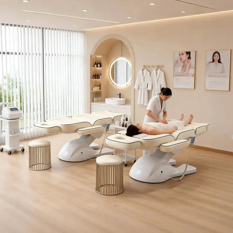 Qnoxlim Full Electric Massage Table With Lift, Whole Piece 3 Motor Professional Facial Bed for spa with esthetician at work.