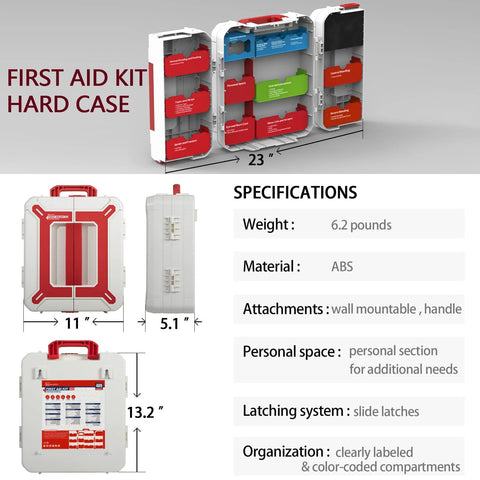 White ABS plastic wall-mounted first aid kit with red interior compartments and handle, 408-piece business emergency kit