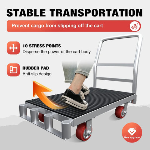 Beefy Heavy Duty Two In One Flatbed Panel Cart With 42 By 24 Inch Platform Rubber Mat Three Handrails 2500 Lb Capacity All Steel Push Cart For Drywall And Lumber Flatbed Cart With Swivel Casters, shown with anti-slip rubber pad and red casters.