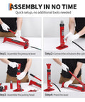 GarveeTech 10-Ton porta power kit with red hydraulic jack and hose; four-step assembly guide.