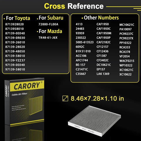 Cross reference list for Cabin Air Filter With Activated Carbon For Toyota Camry Corolla RAV4 Prius Highlander Sienna Venza Crown Lexus ES NX RX Subaru Outback Mazda CX 9 And More Now