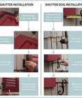 Heavy Duty Steel Blind Shutter Hinges 8 Pack With S Holdback Hook 1-1/16 Inch installation steps for window shutters and shutter dogs.
