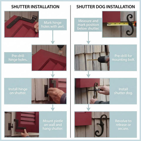 Heavy Duty Steel Blind Shutter Hinges 8 Pack With S Holdback Hook 1-1/16 Inch installation steps for window shutters and shutter dogs.