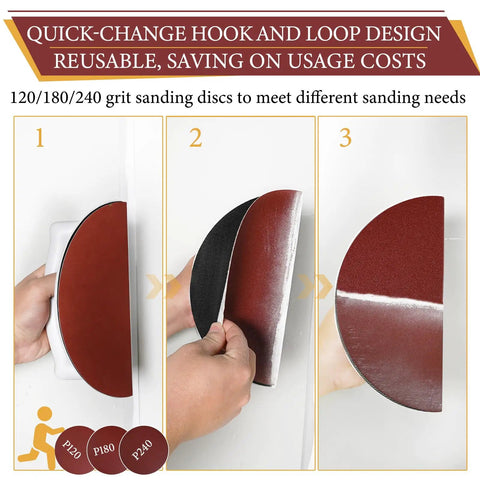 Ergonomic Drywall Corner Sander Kit With 12 Reusable 9 Inch Hook And Loop Discs showing disc change and grit options.