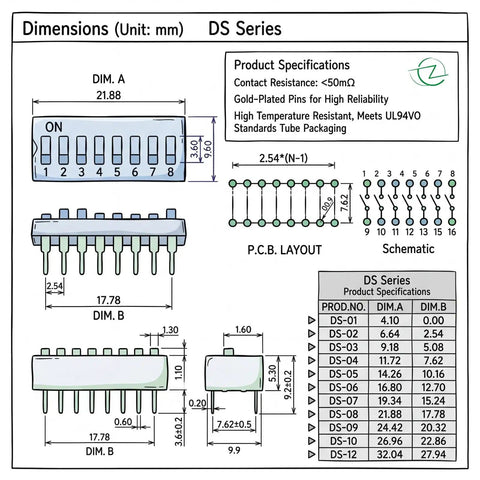 Diagram showing dimensions, layout, and specifications of Red Dip Switch Kit for Breadboards, 2.54mm PCB mount toggle switch.