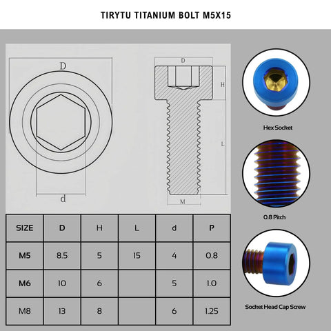 Ultralight Titanium M5x15 Bolts for Bikes Motorcycles and Marine Gear Burnt Blue Six Piece Set diagram with hex socket details by TIRYTU