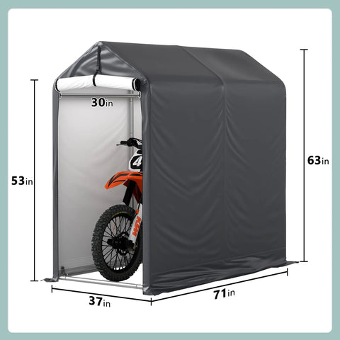 3x6 Ft Outdoor Storage Shelter Heavy Duty Waterproof Portable Shed With Roll Up Zipper Door And Ventilated Windows For Motorcycle Bike Tools Gray Backyard Storage shown with bike inside