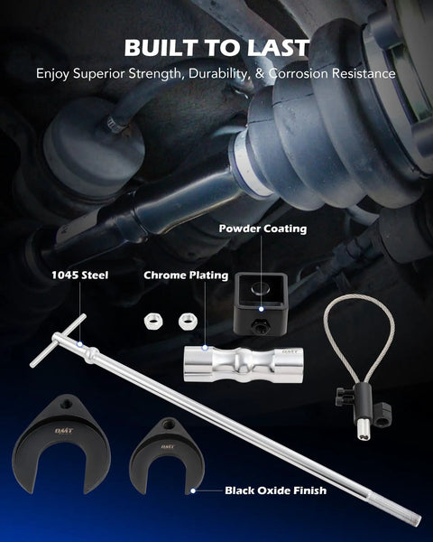 Hella Tough CV Axle Puller Slide Hammer Tool Set for Auto Repair showcasing 1045 steel and chrome plated components close-up.