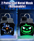 500W Fog Machine With 9 LED Lights And 12 Color Effects featuring 2 removable metal masks displayed in Halloween-themed setting