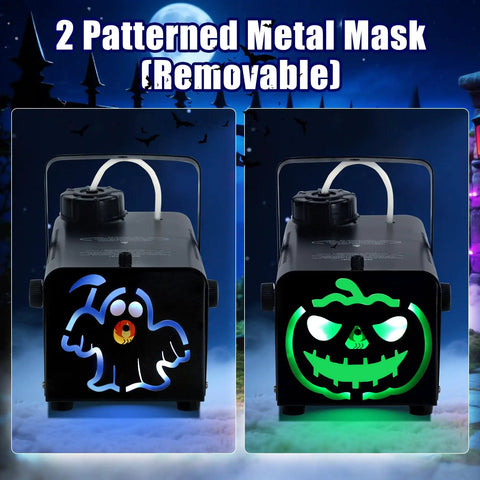 500W Fog Machine With 9 LED Lights And 12 Color Effects featuring 2 removable metal masks displayed in Halloween-themed setting
