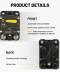 Front and back view of 30A and 60 Amp Manual Reset Circuit Breaker For 12 To 48 Volt DC Systems with labeled features.