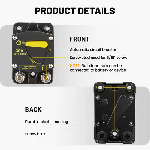 Front and back view of 30 Amp DC Circuit Breaker With Manual Reset For Car Audio RV Marine Boat Truck Trolling Motors Stereo System Battery And Solar Power Safety Kill Switch Master Disconnect, showing labels and features.
