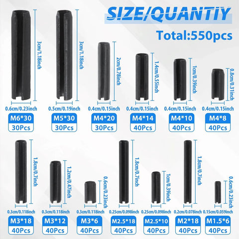 550 Piece Roll Pin Set With Storage Case For Diy Home Improvement And Auto Repair Slotted Hollow Roll Pins Made From 65Mn Steel With Black Oxide Finish Expansion Pins That Flush Install Includes Sizes M1.5 Through M6 size chart