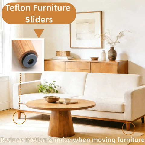Premium Teflon Furniture Sliders Round 2 Inch with Screws 8 Pack shown under a coffee table for smooth glide on hardwood floors.