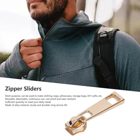 Man adjusting jacket zipper with 5 Piece Zipper Sliders Set For Quick On The Go Fixes Detachable Reusable Zipper Pulls Replacement Kit For Coats Jackets Bags And Nylon Coil Zippers Works With Metal And Plastic Zippers In Light Gold.