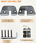 Contents: Aluminum Sun Visor Clips With American Flag Design, 4 screws, wrench, manual for Jeep Wrangler JK JL Gladiator JT 2018-2023