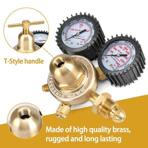 Nitrogen Regulator With CGA580 Inlet Connection, 1 Quarter Inch Male Flare Outlet, 2 Inch Gauges With Protective Rubber Boots