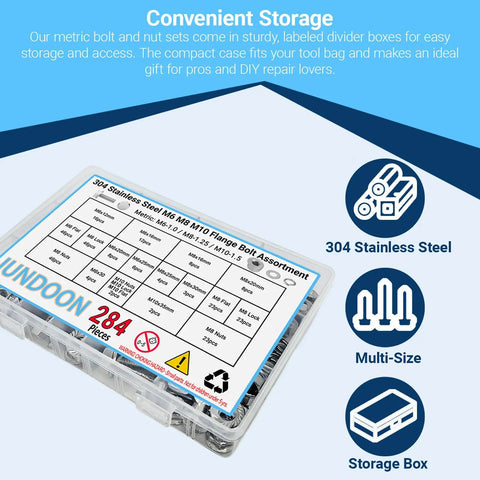 Storage box of 284Pcs 304 Stainless Steel Heavy Duty Flange Bolt Nut Washer Assortment All In One M6 M8 M10 Hex Flange Screws
