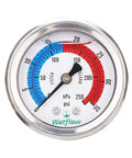 Two Inch Dial Pool Filter Pressure Gauge Glycerin Filled Water Pressure Gauge With 304 Stainless Steel Case One Quarter Inch NPT Center Back Mount Top Notch Readouts showcasing dial face
